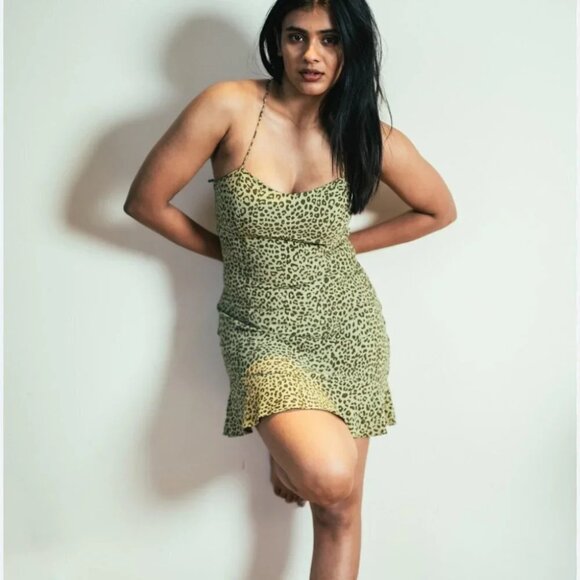 Zara Animal Print  Ruffle Hem Mini Dress Skinny Strap NWOT Green Size Small - Picture 4 of 10